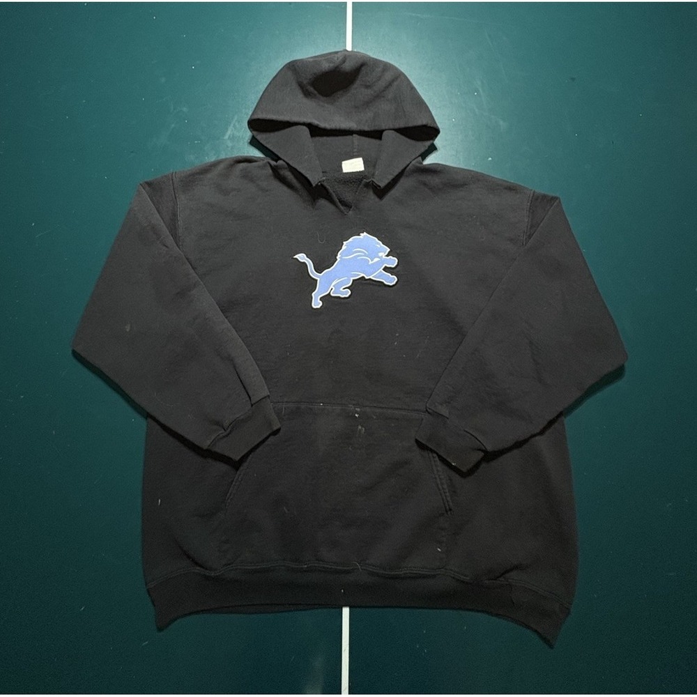 Vintage Detroit Lions Hoodie Sweatshirt Men's XL Black Embroidered Retro Stains*